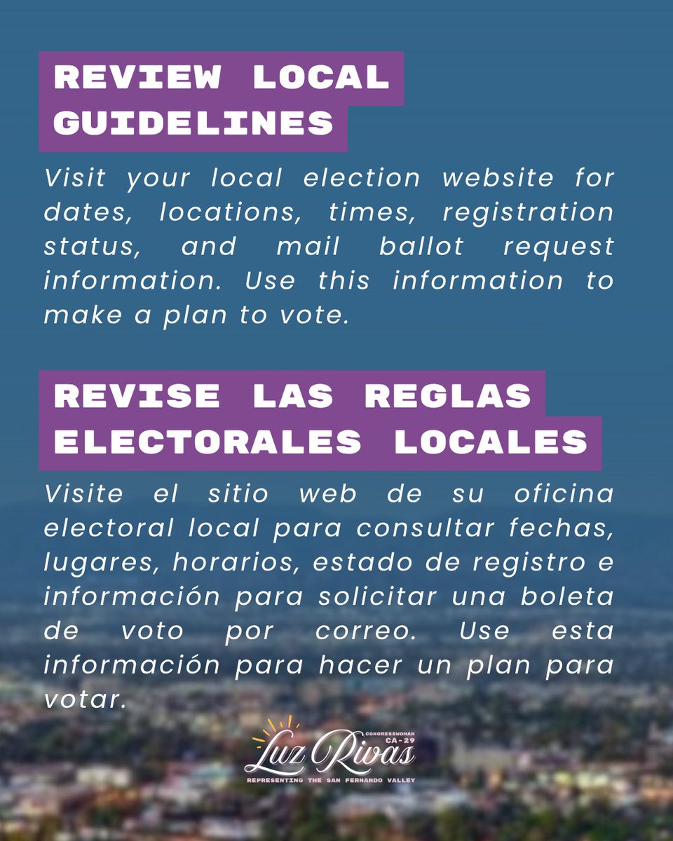 RepLuzRivas's tweet photo. Every eligible voter should be able to vote – and the outcome of elections should reflect the will of the people.

See below for information on what to expect when you cast your ballot, or visit my website: https://t.co/1zZbfIcZJb

I will continue working with my colleagues to make sure our elections – and your vote – are protected.