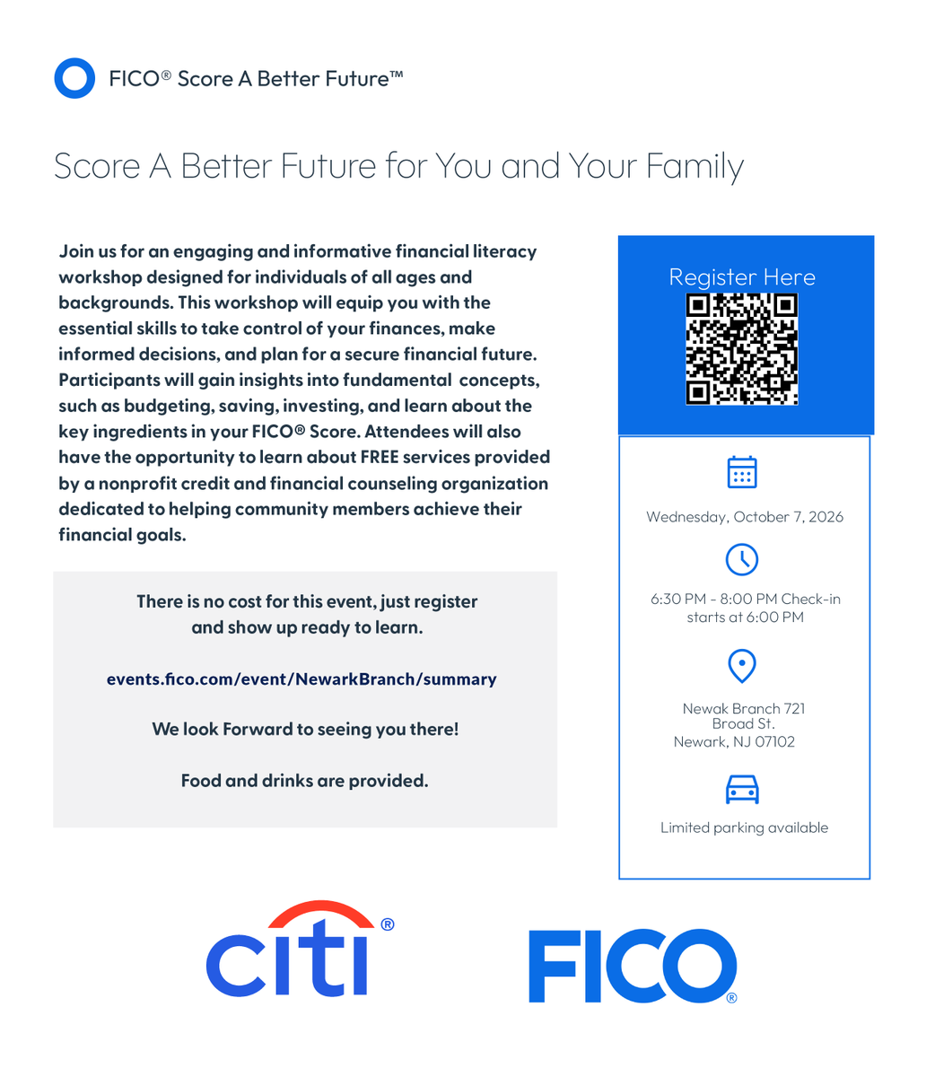 NewCommunityCor's tweet photo. Join us next week for Score A Better Future for You and Your Family, a free financial literacy workshop presented by Citi and FICO!
Wednesday, Oct. 7, 6:30–8 p.m. 
Citi Newark Branch, 721 Broad St., Newark
Register: QR code or visit https://t.co/8ZysRBwrfD https://t.co/a58glwBDnz