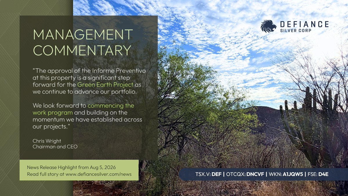 defiancesilverc's tweet photo. Chris Wright, Chairman and CEO of Defiance Silver Corp., commented on the approval of the Informe Preventivo for the Espiritu target:

"This approval is a significant step forward for the Green Earth Project as we continue to advance our portfolio. Our focus remains on generating new discoveries, unlocking the potential of our assets, and creating long-term value for shareholders. We look forward to commencing the work program and building on the momentum we have established across our projects."

Read more: https://t.co/NU7MfR2aDQ

$DEF.V $DEF $DNCVF #juniormining #mineralexploration #copper #copperstocks #gold #investing #drilling #geology #explorationupdate