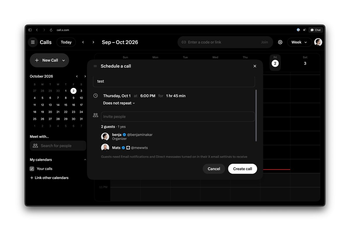 benjaminakar's tweet photo. X just casually became a Cal + Google Meet + Zoom replacement

schedule calls, invite people by their X handle, send a link and hop on

you don't even need an X account to join

kinda crazy how much they're building around the X identity https://t.co/6RprPWmT66