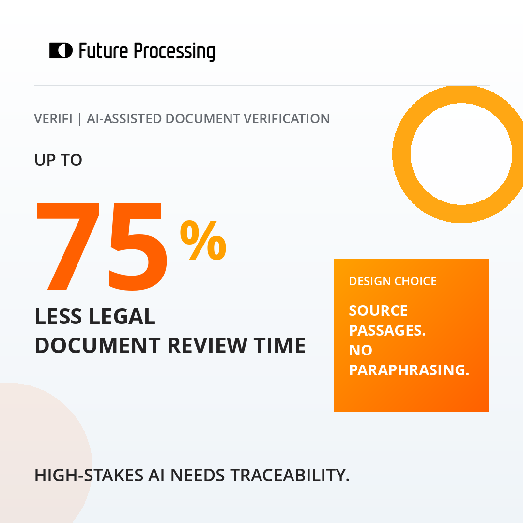 FutureProcessin's tweet photo. Sometimes the better AI system is the one that refuses to generate.
For Verifi, we removed the generative layer. The platform retrieves source passages rather than paraphrasing them - and can cut document review time by up to 75%.
In high-stakes AI, traceability beats fluency. https://t.co/cBEOBi8KhR