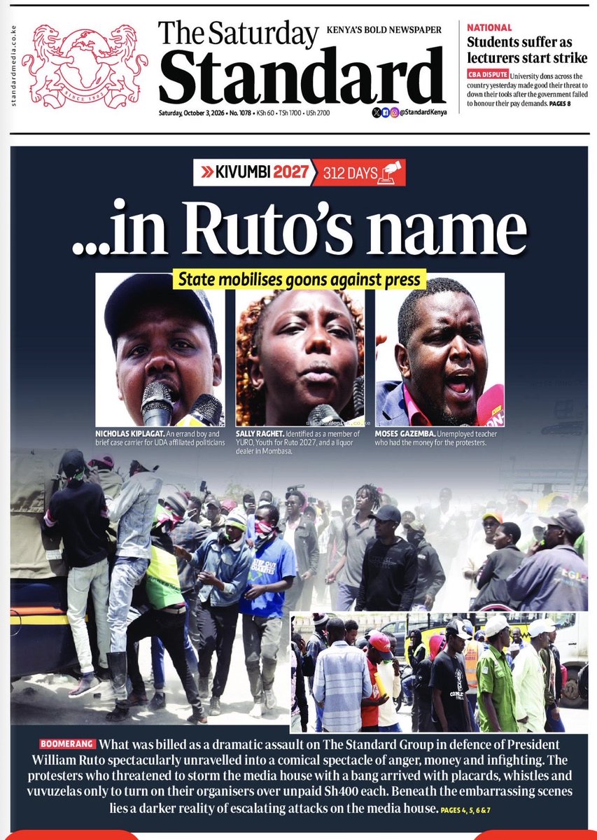 smutoro's tweet photo. MUZZLING THE PRESS … IN RUTO’S NAME!
▪️ Sh400 a head. That's the going rate for goons "defending" a President
▪️ A crowd hired to storm @StandardKenya over "negative headlines" ended up turning on its’ own organisers over unpaid allowances. 
▪️ One mobiliser reportedly fled in a police vehicle, abandoning those he hired. Some walked home. The siege collapsed into a scuffle over pay.
▪️ Laugh if you want, but read the pattern:
🟣 An Associate Editor abducted on Sept 1, dumped in Machakos. No arrests yet. 🟢 MPs on the floor of the House calling for the paper to be shut down. 🔴 A Head of State calling a newsroom "extortionist" on X. 🔵 Now, paid crowds at the SG gate.
That is not a coincidence. It is a campaign. It must be stopped! @MediaCouncilK