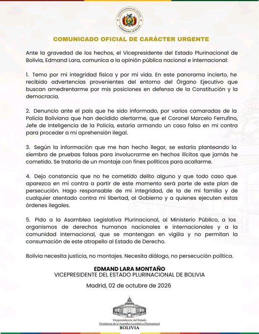 baradit's tweet photo. 🔴 BOLIVIA / URGENTE.

El gobierno del ultraderecha Rodrigo Paz está realizando arrestos de funcionarios y autoridades estatales en lo que parece ser un incipiente autogolpe respaldado por USA.

El vicepresidente emitió un comunicado diciendo temer por su integridad físicaz
. https://t.co/DhbTQqI723