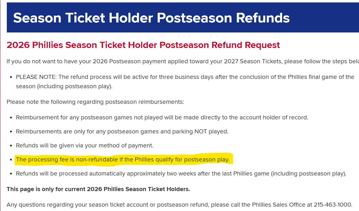 _magowan's tweet photo. So the Phillies charged us a $24 "Postseason Order Charge", and since the team made the playoffs - but never played a SINGLE HOME GAME - it's non-refundable. 

I wonder how many thousands of $24 fees they got to keep from their loyal and supportive fans. https://t.co/nHeAFEYpRs