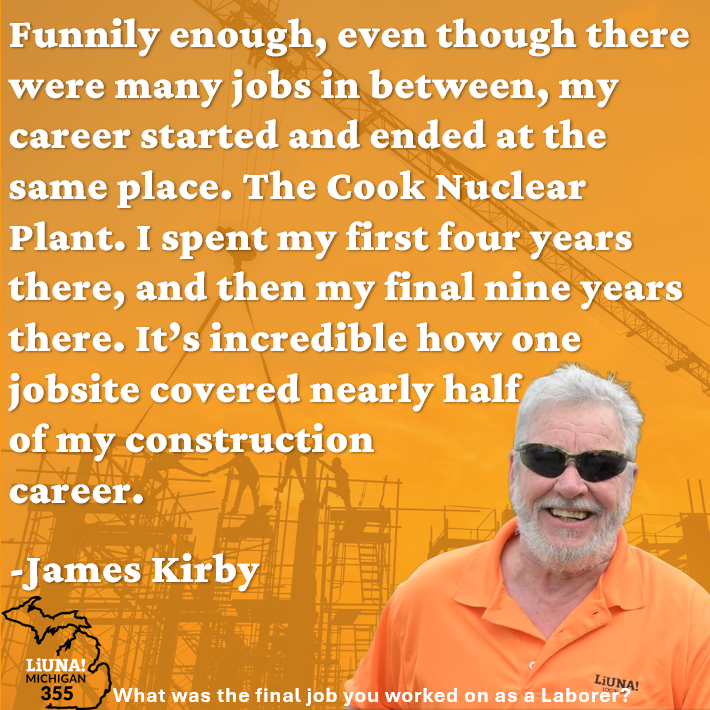 MiLaborers's tweet photo. Our first feature for #LaborersForLife Tribute Week our of Laborers Local 355 is James Kirby! James joined LIUNA in 1970, going to work on the Cook Nuclear Plant, a place where he started AND ended his career. James shared with us what brought him to join, how becoming a #Laborer shaped his life, and the advice he would offer to new Laborers. Thank you, James, not only for your years as a member but your continued contribution to LIUNA!
#FeelThePower #LaborersRising #OurUnionStories