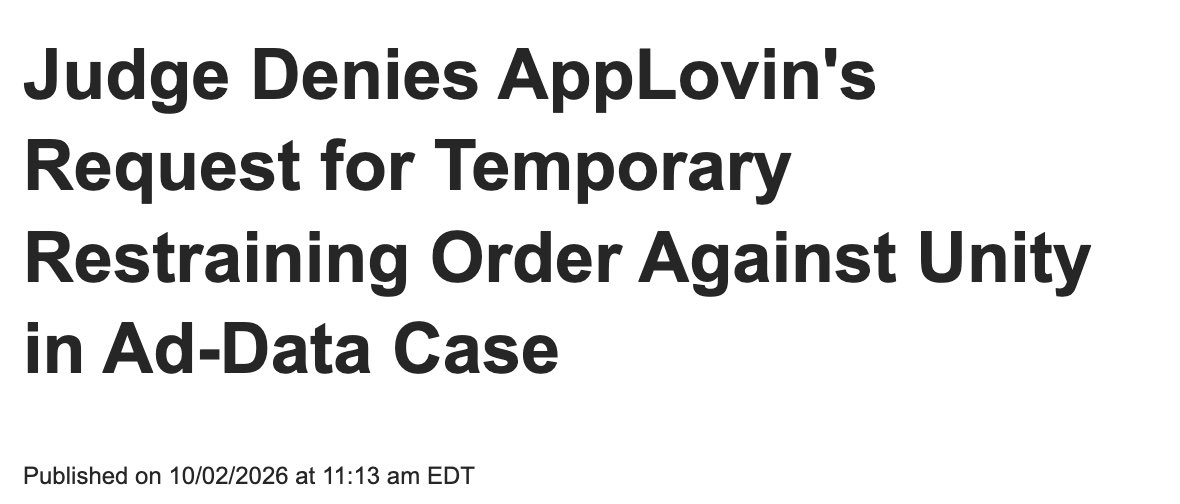Arkadi_X's tweet photo. Updated on $U vs $APP legal case: 

“$APP lost the emergency TRO 🚨”

The San Francisco Superior Court denied $APP request for temporary restraining order against $U. 

What this means is that $APP asked the judge that while the arbitration is happening force $U to stop collecting/using disputed data. And the judge said no, at least for the moment.