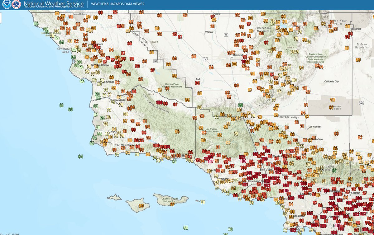 NWSLosAngeles's tweet photo. It's heating up out there! Here are current temperatures, and Downtown Los Angeles has reached 101 degrees so far, which ties the record for this day set in 1995. #LAheat https://t.co/rxhqzx53Y4