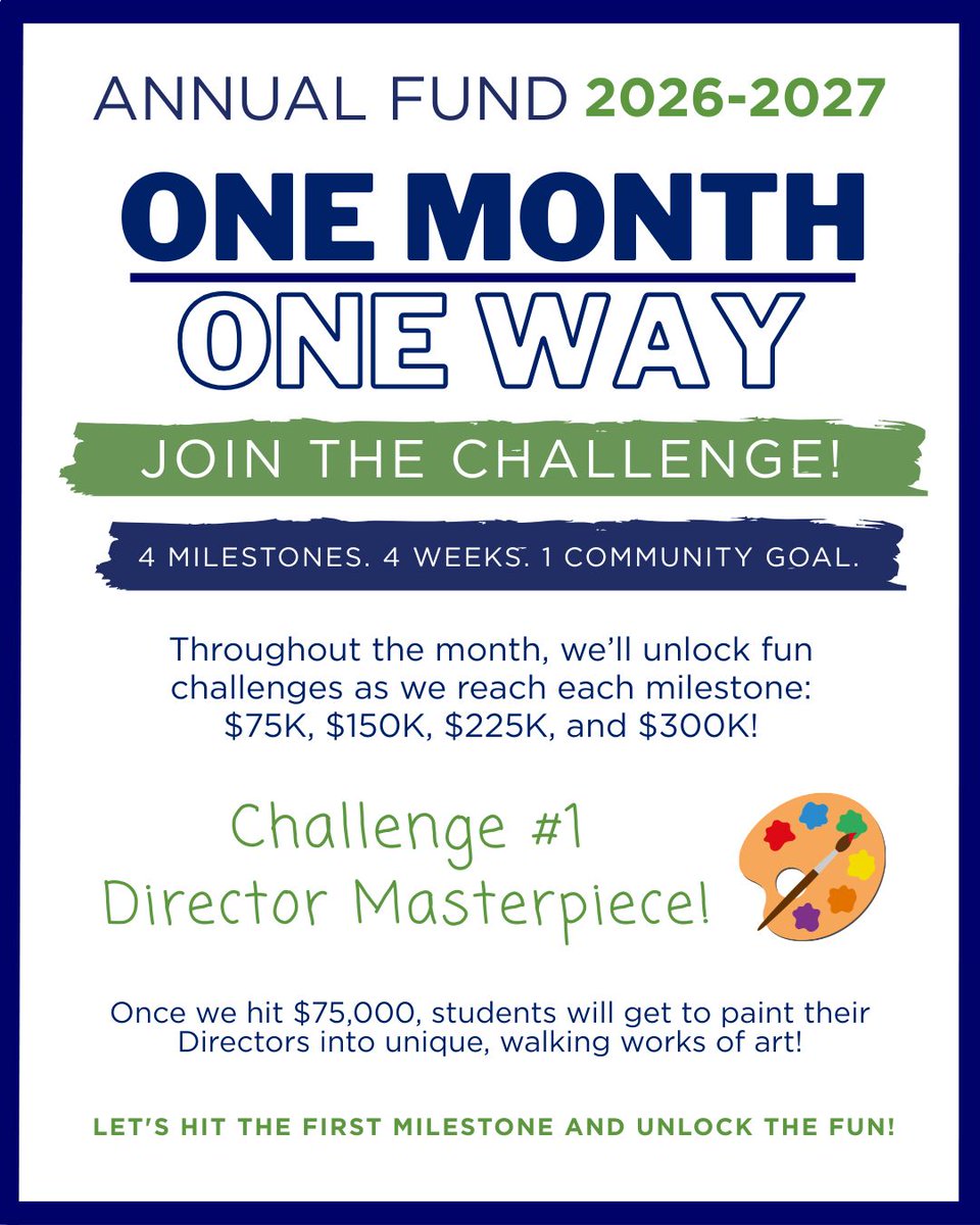 UnitySchoolFL's tweet photo. 🚀 JOIN THE CHALLENGE! 4 Milestones. 4 Weeks. 1 CommUNITY Goal.

We’re unlocking fun rewards as we hit $75K, $150K, $225K &amp; $300K!

🎨 First up at $75K: Students turn their Director into a walking masterpiece! Let's unlock the fun!

👉 Donate: https://t.co/yh5CDao3vT https://t.co/lIGUK5tS19