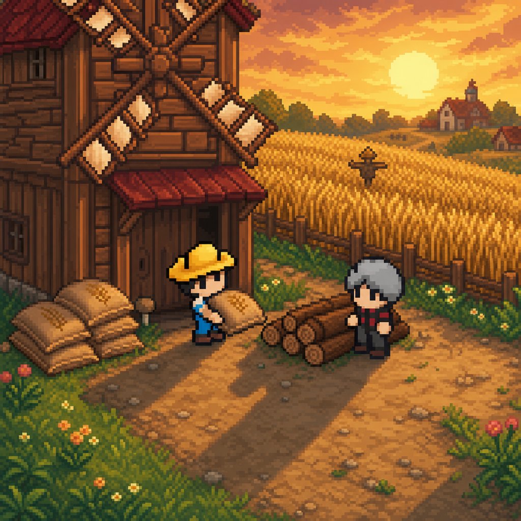 villecoin's tweet photo. The last light of the day over the wheat fields.

Bob and Jack wrap up as the sun dips low — grain to be milled, wood to be stored. Tomorrow the village grows again. https://t.co/QYkdx0opaZ