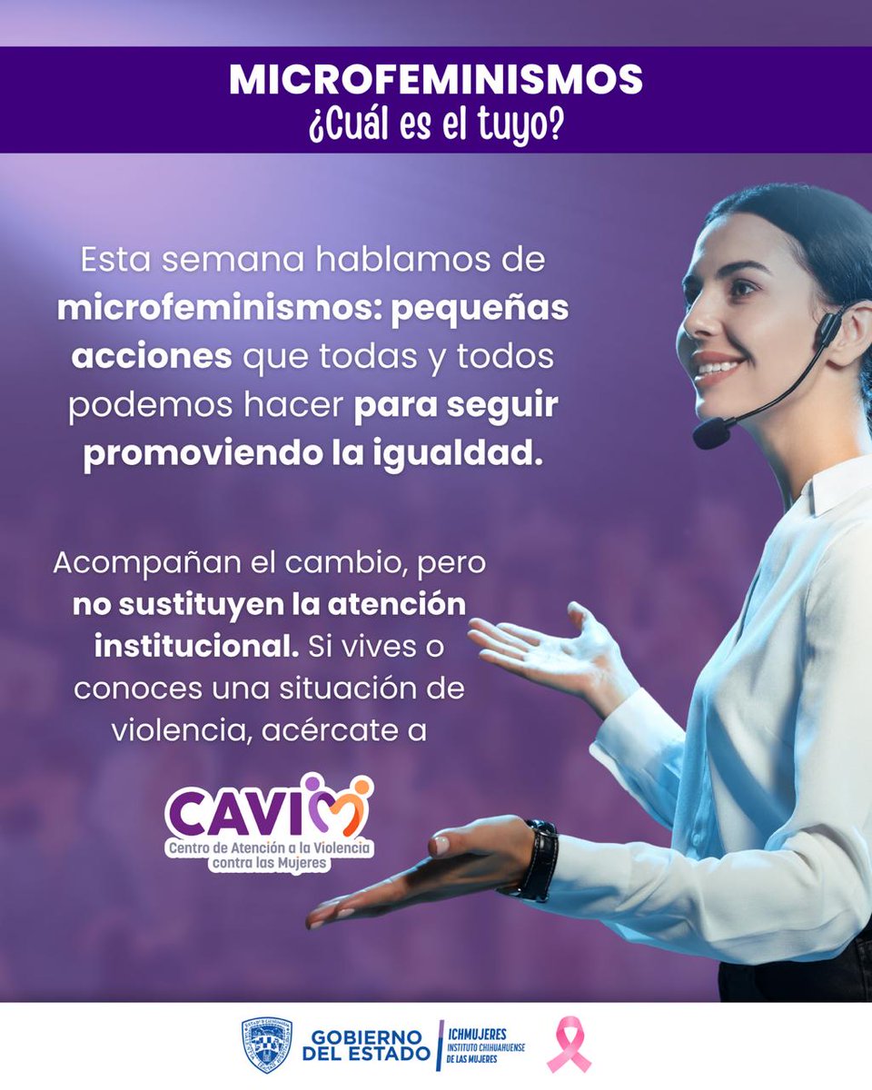 ICHMujeres_'s tweet photo. 💜Esta semana hablamos de microfeminismos: pequeñas acciones que todas y todos podemos realizar para seguir promoviendo la igualdad.
Si vives o conoces una situación de violencia, acércate a #CAVIM. https://t.co/LBVEq2khbN