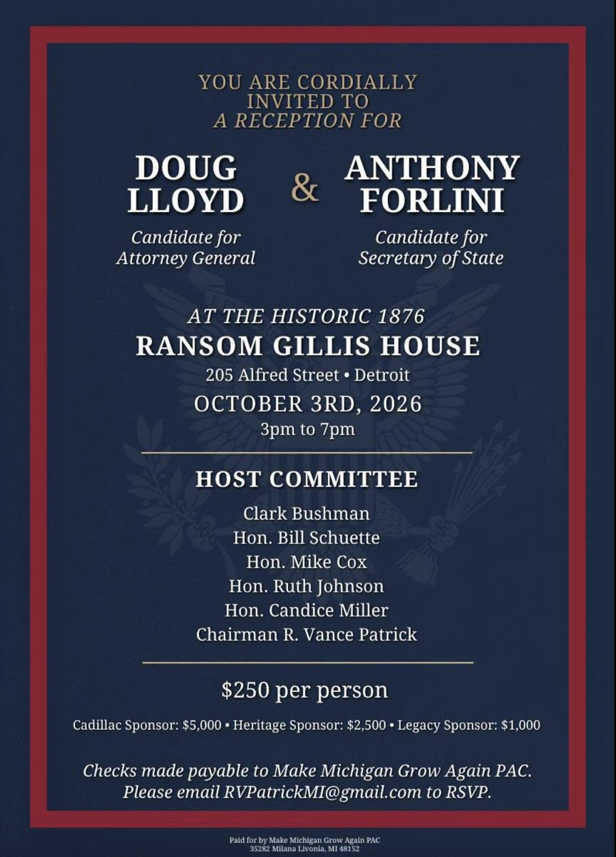 AppleBlossomMI's tweet photo. Tomorrow in Detroit: GOP candidates Lloyd &amp; Forlini are set for a fundraiser with some big-name Republicans... including Oakland GOP Chair Vance Patrick, who thinks that No Kings protestors are violent communists. https://t.co/vcnpFgagMB