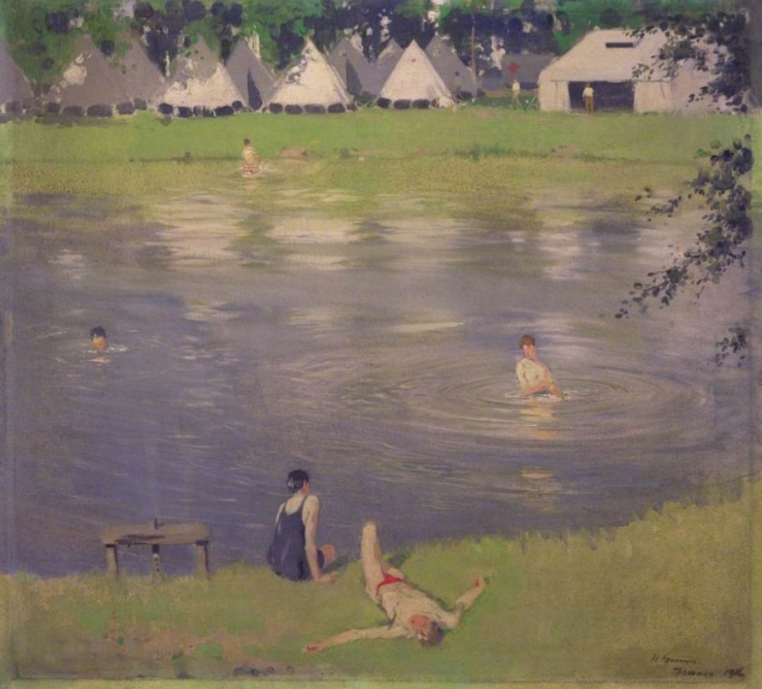 ahistoryinart's tweet photo. Herbert Gunn's picture is titled 'The Eve of the Battle of the Somme,' which dates it to 30 June 1916. At the outbreak of WW1, Gunn initially joined the Artists Rifles before receiving a commission in the 10th Scottish Rifles. https://t.co/AIu2sZUspe
