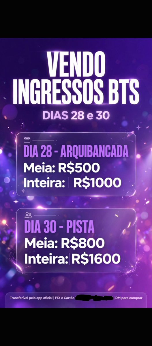 novin008's tweet photo. 🎟️ VENDO INGRESSO — SHOW DO BTS ✨

📅 30/10
🎫 Ingresso inteiro
🏟️ Arquibancada
💰 R$ 837,74 — ingresso + taxa

📲 A transferência será feita pelo Quentro após a confirmação do pagamento.

Interessados, chamar no privado! 💜 https://t.co/aM2VL3K5fZ