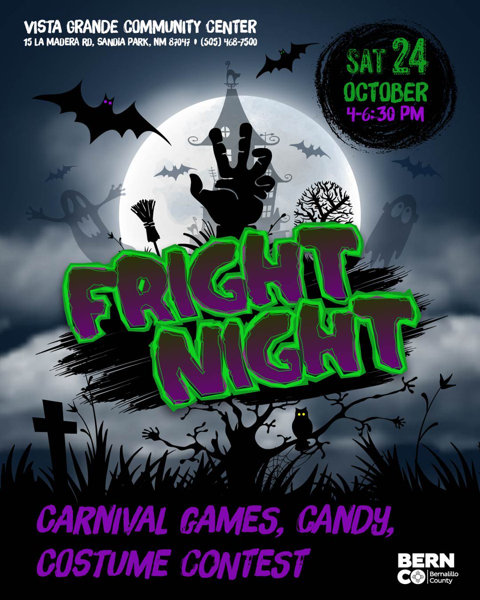 BernCounty's tweet photo. 🎃 Get ready for a frightfully fun night! Join us for Fright Night at Vista Grande Community Center on Saturday, Oct. 24 from 4–6:30 p.m. Enjoy carnival games, candy and a costume contest! 👻🦇
🎟️ Ticket packages start at $6, or grab an unlimited pass for $15. https://t.co/UKMUfe2GTX