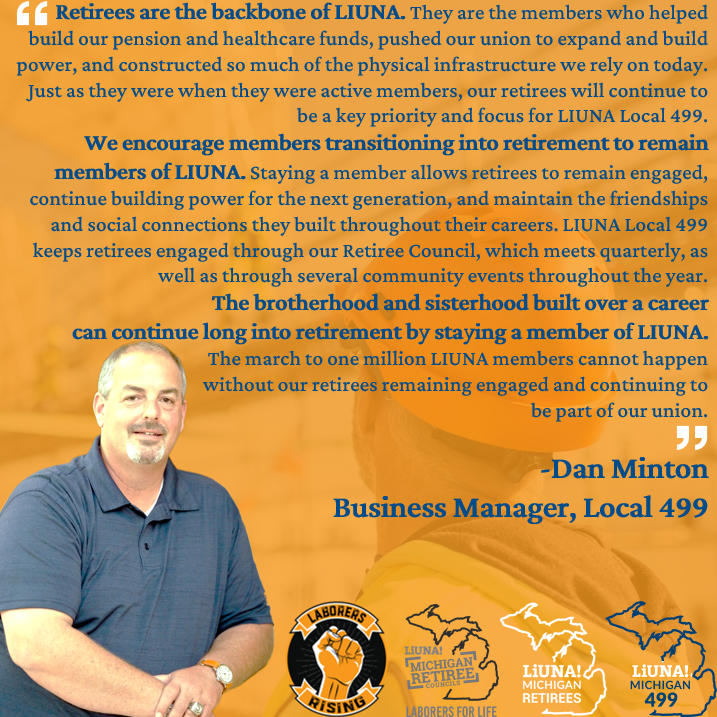 MiLaborers's tweet photo. We back for Day 2 of #LaborersForLife Tribute Week with Laborers Local 499! To start of our day, Business Manager Dan Minton shares his gratitude for our retirees and how they built a future, not only for themselves, but for everyone. Further, Local 499 stresses the imporance of our retirees staying engaged so they can continue to share their wisdom and continue to build on the foundation they've laid for us all.
#FeelThePower #LaborersRising