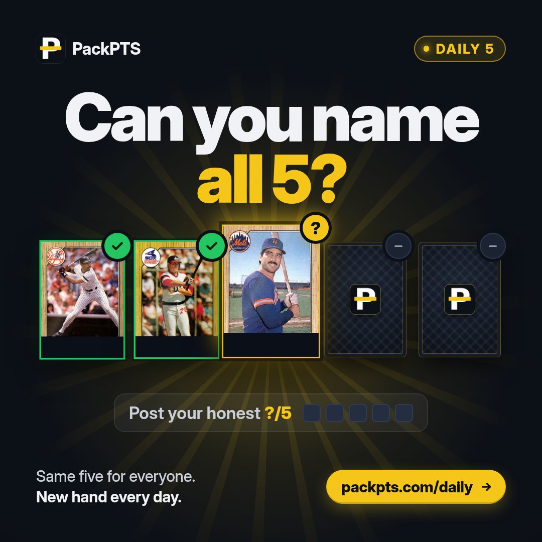PlayPackPTS's tweet photo. Can you name all 5?

Today's Daily 5 is up. Same five cards for everyone. Post your honest X/5, no spoilers.

Play free: https://t.co/ZzKfvvRBsz https://t.co/k0gVYybzrT