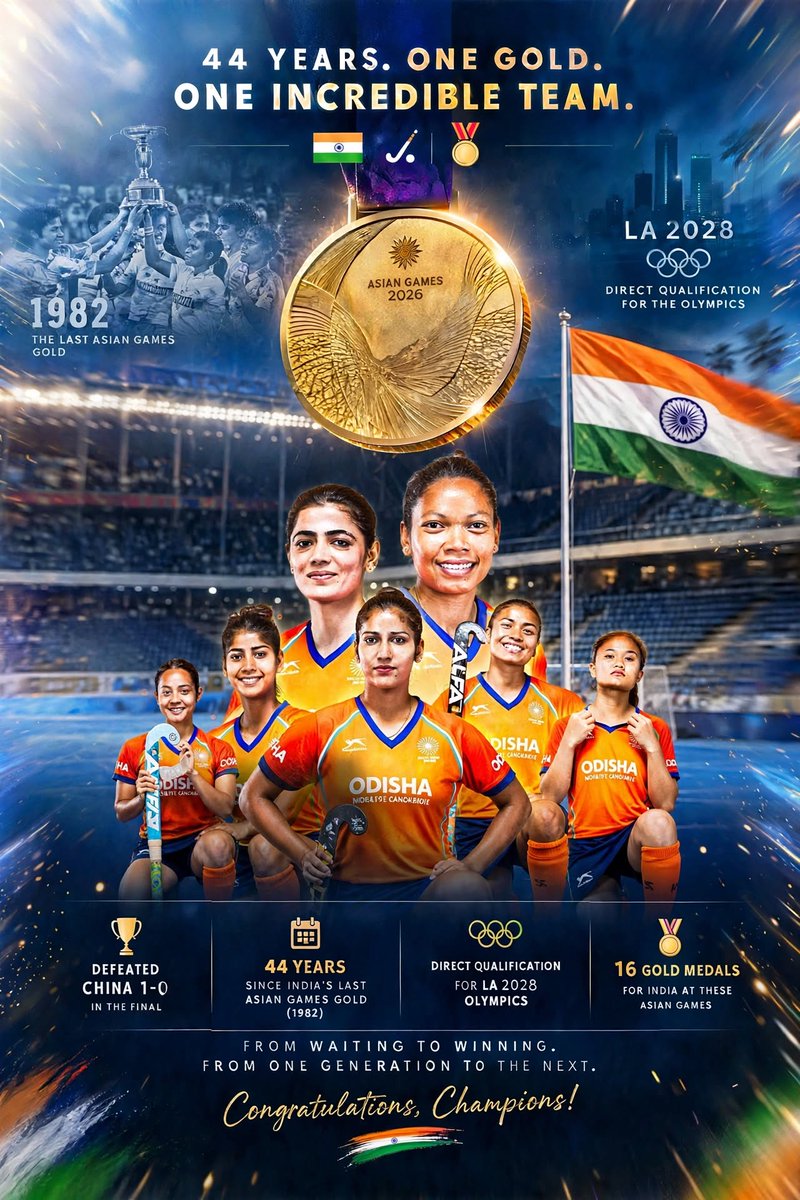 jaikantchat4's tweet photo. Indian women’s hockey team celebrating their Asian Games 2026 gold medal after a 1–0 victory over China, ending a 44-year wait since 1982 and securing direct qualification for the LA 2028 Olympics. 🇮🇳🏑🥇

#AsianGames Brazil #IndianHistory #INDvPAK https://t.co/dh5epMgbJo