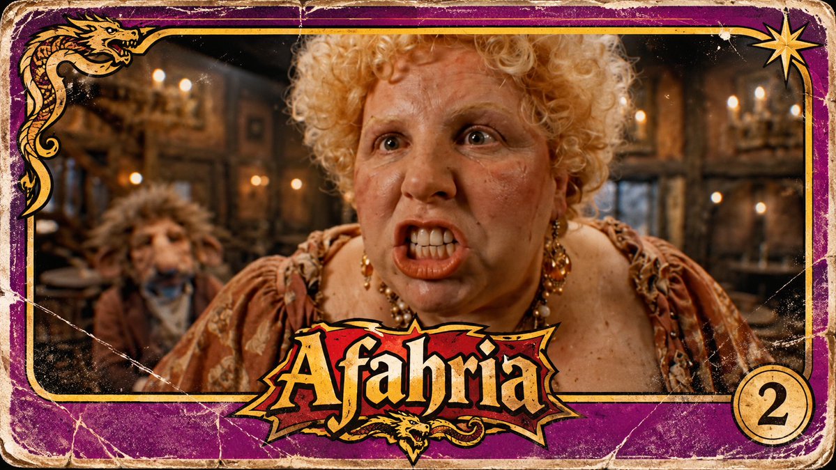 A stylized trading card labeled 'Afahria' and the number '2', featuring a blonde woman with curly hair making a surprised expression in a tavern, with a small bearded creature visible behind her.