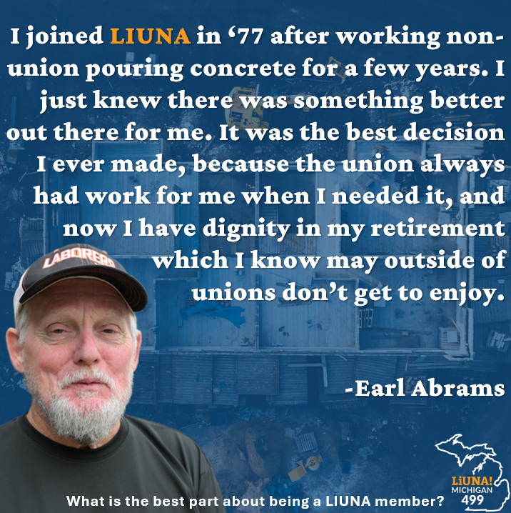 MiLaborers's tweet photo. Today's second feature for #LaborersForLife Tribute Week is Laborers Local 499 retiree Earl Abrams! Earl shared his story of working non-union, and how making the switch to LIUNA was the best decision he's ever made. Further he stressed the importance of people having a better understanding of #Unions and how they operate as well as what it means to find success as a #Laborer. Finally, Earl addressed his hopes for the next generation of Laborers and ensuring we don't lose what we've built upon.
#FeelThePower #LaborersRising #OurUnionStories