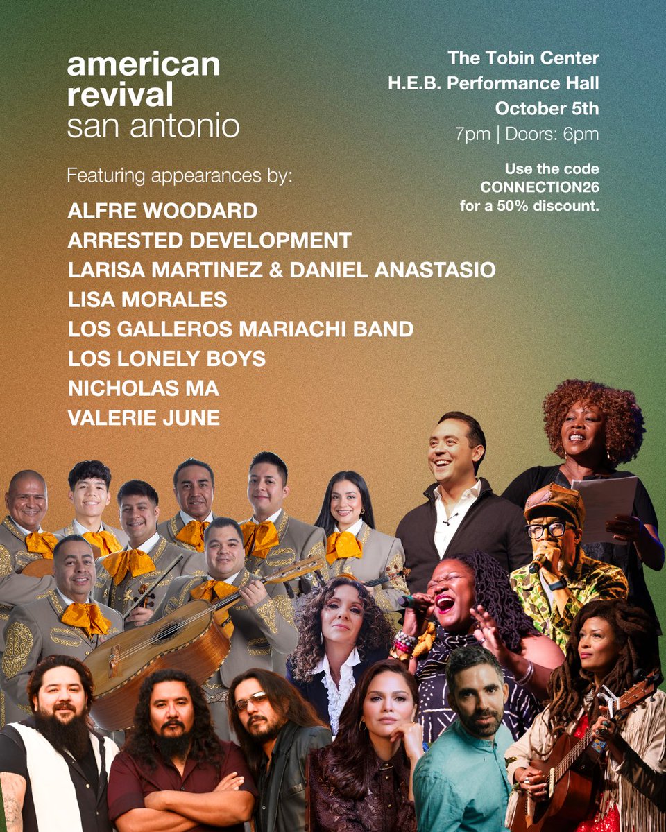 getcreativesa's tweet photo. Dear artists and art lovers, you're invited to a night of joy and music. The traveling festival American Revival is coming to San Antonio! 

Get 50% off tickets with code CONNECTION26 at https://t.co/aVMXmq8c4X and join us for a night to remember. https://t.co/ByDqhuGxLg