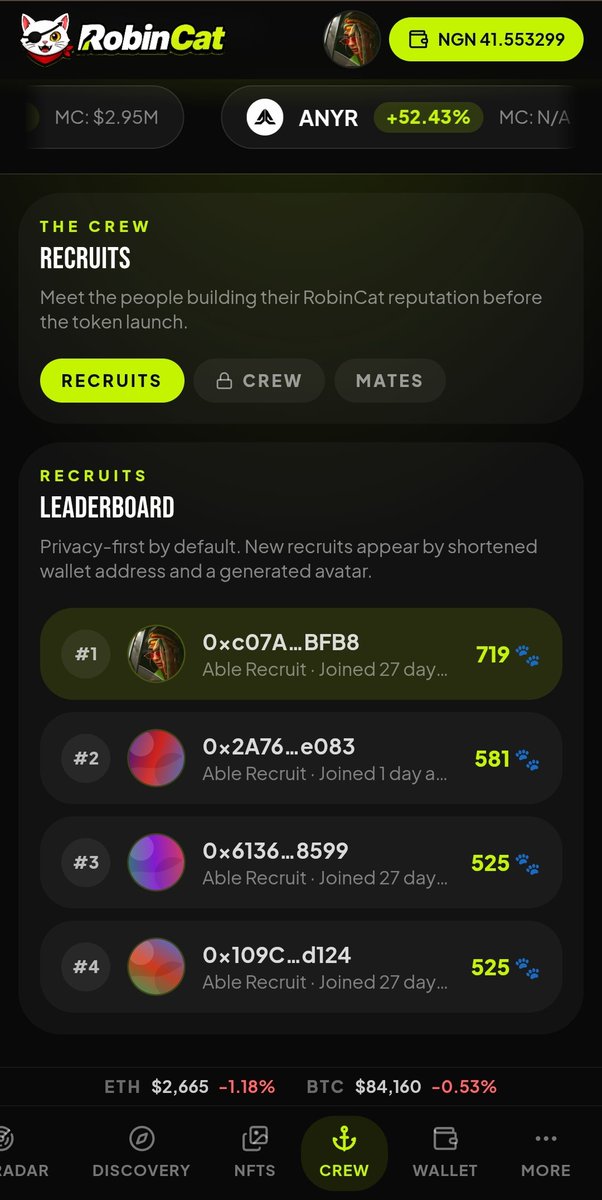 RobinCatapp's tweet photo. Crew, RobinCat is starting to remember who you are.

When you create an account on https://t.co/DTQG9IHvOe, you're not just getting access to the platform.

You're getting a place in the Crew.

You can sign in with Google, or enter your email and receive a verification code. If you're new to RobinCat, that sign-in creates your account automatically.

From there, RobinCat creates your Recruit identity.

Your Recruit number.
Your standing.
Your Paws.
Your progress.
Your achievements.
Your activity.

And all of that now comes together in your RobinCat Profile.

Your Profile is your identity and standing inside the Crew. You can choose your display name and avatar, and you have control over what you make visible to other Crew members, including your profile, your $ROBINCAT holding and your exact balance.

Your Recruit number and standing stay permanent.

Your $ROBINCAT holding is also verified directly from your Robinhood Chain wallet, so your profile isn't asking you to simply tell RobinCat what you hold.

Then there's your Captain's Log.

This is where your RobinCat journey starts to become a record.

You can see your Recruit number and rank, Paws, invited recruits, achievements, Rug Radar scans and your guided onboarding progress.

You also get your own personal RobinCat invite link.

When someone joins through your link and completes their first Rug Radar scan, the referral activates and both of you earn Paws.

The Recruits leaderboard brings all of this together.

You can see where you stand among other Recruits, discover other members of the Crew and open their Captain's Log to see their public progress.

And this isn't just about a number on a leaderboard.

Paws are part of the reputation and progression system we're building around RobinCat.

Your scans, achievements, referrals, onboarding progress and participation all give your RobinCat identity somewhere to grow.

There's already more coming to this layer.

More achievements.
More ways to build your standing.
More reasons for your activity inside RobinCat to matter.

We're still building it out, but the idea is simple:

RobinCat shouldn't just be somewhere you come to scan a token and leave.

It should become a place where your journey through crypto has an identity of its own.

If you haven't joined yet, come aboard.

Create your account, find your Profile, check the Recruits leaderboard and open your Captain's Log.

You can start here through my invite:

https://t.co/Qgzy2Td4y5

And gradually build a reputation while interacting with RobinCat.