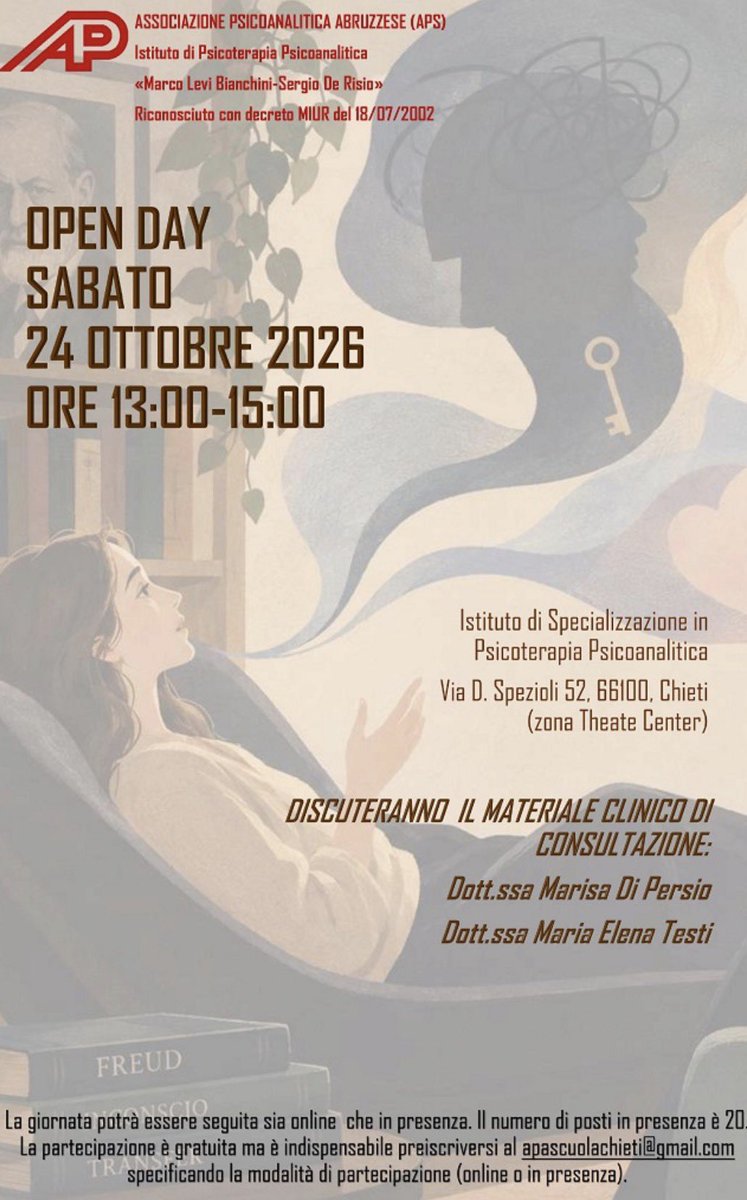 PsicoanalAssoc's tweet photo. Open Day APA - 24 Ottobre 2026 
Per info e iscrizioni: https://t.co/z5rDOQqSjT https://t.co/2oujxzTeKk