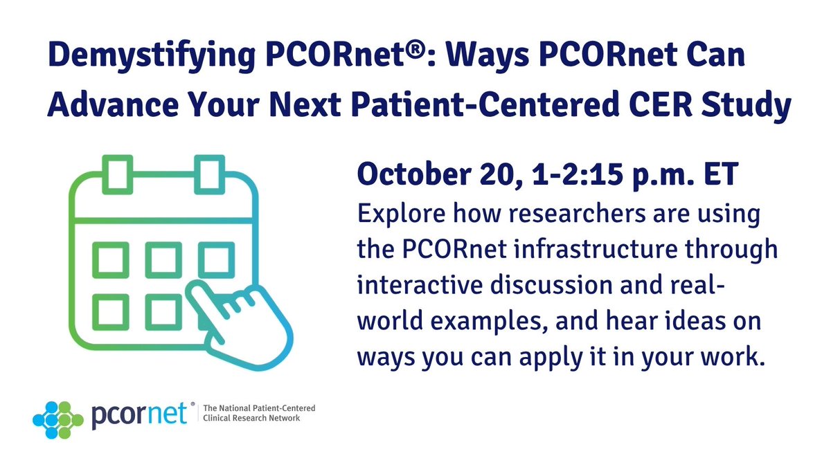 PCORnetwork's tweet photo. Attending the @PCORI Annual Meeting next week? On October 20, join the interactive Demystifying PCORnet® session at #PCORI26 to learn how you can use real-world health data, patient partnership &amp; research expertise to advance your patient-centered study 🔗https://t.co/Q3iW3pt3Nx https://t.co/1Ml9i553iX