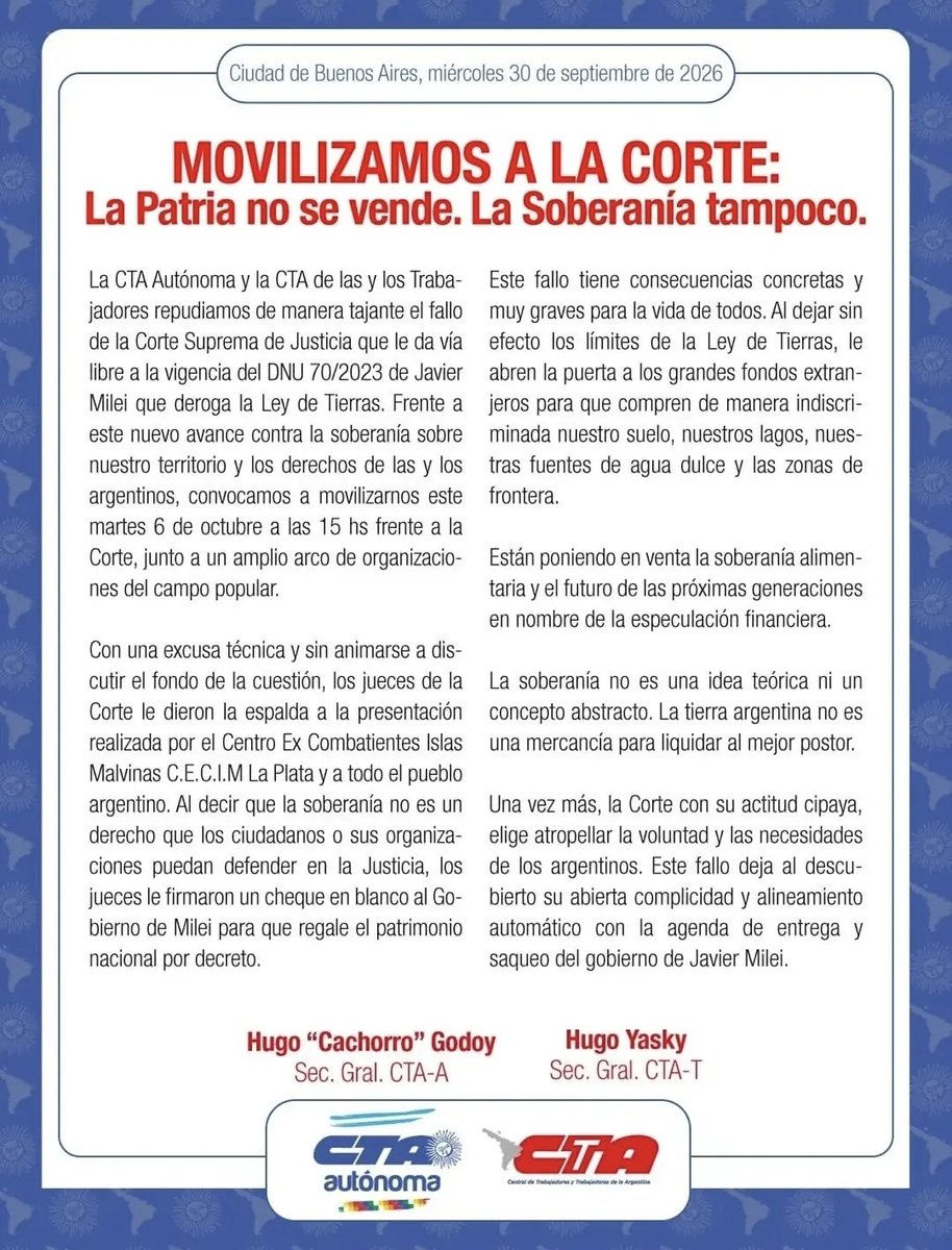 utectera's tweet photo. La PATRIA no se vende. La SOBERANÍA no se entrega. 

El Martes 6 de Octubre movilizamos a la Corte.
📍 Lavalle y Talcahuano | 16h https://t.co/ksK8bG73B0