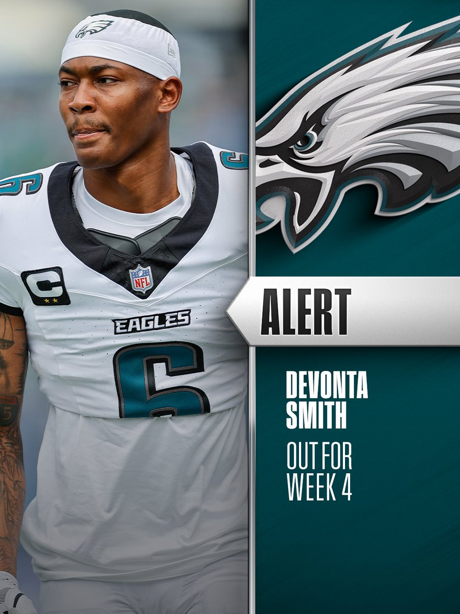 Eagles WR DeVonta Smith (hamstring) ruled out Week 4 vs. Rams. 
 [📷](https://pbs.twimg.com/media/HTpon18a0AA6jC8.jpg) https://pbs.twimg.com/media/HTpon18a0AA6j