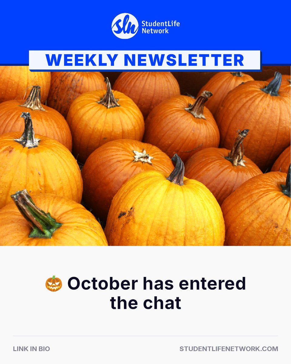 StudentLifeNet's tweet photo. Before your calendar gets packed, now’s a good time to plan ahead! Start thinking about that Halloween costume, make plans for Thanksgiving or Friendsgiving, and yes… maybe crack open those notes before the night before your midterm. 😅 Newsletter: https://t.co/gT82Q0SAki https://t.co/jA3vQgo2fH