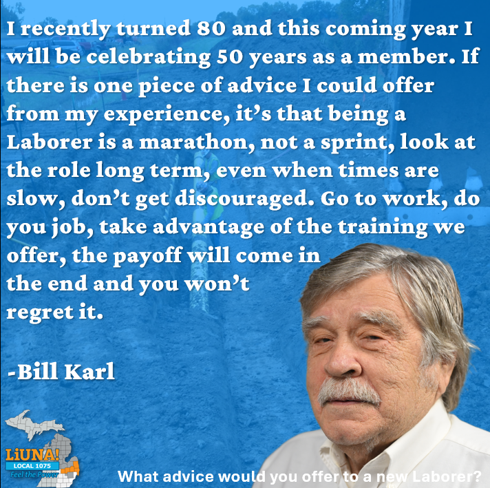 MiLaborers's tweet photo. Today's first feature for #LaborersForLife Tribute Week is LIUNA LOCAL 1075 retiree Bill Karl! Bill shared his story of looking for work after returning home from the military and how family, training, patience, and camaraderie became the cornerstones of not only how he worked, but how he led. Bill continues to support LIUNA, even in retirement, and is an inspiration to us all.
#FeelThePower #LaborersRising #OurUnionStories