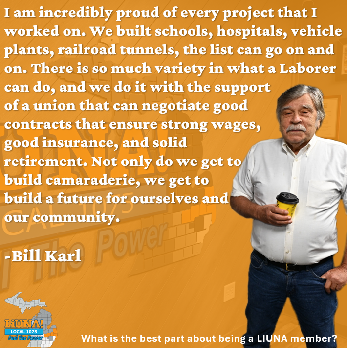 MiLaborers's tweet photo. Today's first feature for #LaborersForLife Tribute Week is LIUNA LOCAL 1075 retiree Bill Karl! Bill shared his story of looking for work after returning home from the military and how family, training, patience, and camaraderie became the cornerstones of not only how he worked, but how he led. Bill continues to support LIUNA, even in retirement, and is an inspiration to us all.
#FeelThePower #LaborersRising #OurUnionStories
