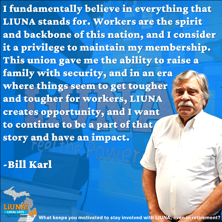 MiLaborers's tweet photo. Today's first feature for #LaborersForLife Tribute Week is LIUNA LOCAL 1075 retiree Bill Karl! Bill shared his story of looking for work after returning home from the military and how family, training, patience, and camaraderie became the cornerstones of not only how he worked, but how he led. Bill continues to support LIUNA, even in retirement, and is an inspiration to us all.
#FeelThePower #LaborersRising #OurUnionStories