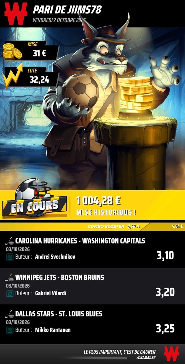 hem_jimmy's tweet photo. Boon 5 matchs cette nuit en #NHL j'ai 4 petits jackpots à tenter 🤔🤑🙏🍀 #GainsÀ4Chiffres #TeamParieur 
https://t.co/q2bsdBPMIv
https://t.co/dZUEOb3CnH
https://t.co/G9JqKWxyis
https://t.co/go34BIDsS6 https://t.co/EA1KMkblBs