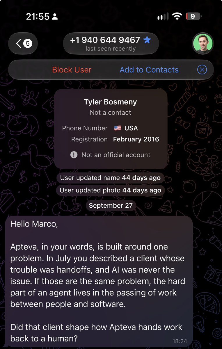 apteva_ai's tweet photo. Careful for all the builders out there - we’ve been approached by a fake @bosmeny that tried to make us install some malware after quite a long talk. It’s very well targeted as he knew exactly what we were doing and tried to hire us to implement Apteva in his business https://t.co/JDAAC2R8Aw