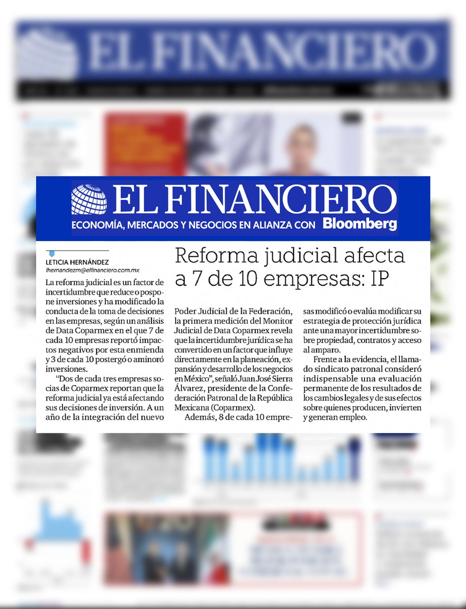 Coparmex's tweet photo. 📰 #CoparmexEnMedios | 67.8% de las empresas reportan un impacto negativo en sus decisiones de inversión y expansión derivado de la Reforma Judicial, de acuerdo con nuestro Monitor Judicial de #DataCoparmex.

✍️ Nota completa vía: @ElFinanciero_Mx 👇 https://t.co/l4scFtdTQJ