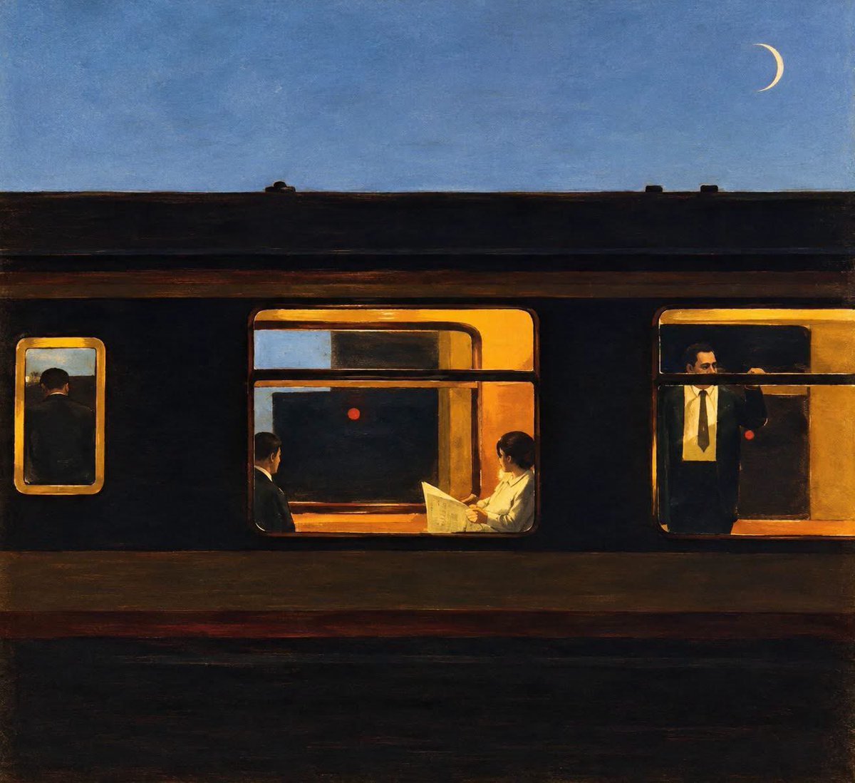 AzizAQ's tweet photo. «في القطار تبادلنا المقاعد؛ كنتِ تريدين النافذة، وكنتُ أريد أن أطلّ عليك»
— 
Painting: The Train, Ben McLaughlin, 2001. https://t.co/ZHeZ4nOOl7