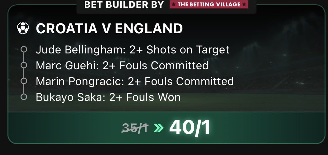 bettingvillage's tweet photo. 40/1 Croatia v England Boost 😍

Same bet is 12/1 in places 🤯

Load to your slip..

Here 👉🏼 https://t.co/KSE8ZRws4h

Price subject to change.

18+ gambleaware #AD T&amp;Cs apply https://t.co/bprQUDuw0e