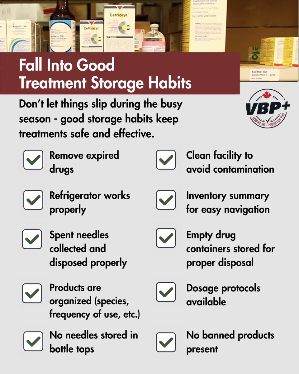 VBPCanada's tweet photo. Organized, up-to-date and proper storage of beef cattle treatments is key to success. 

The VBP+ Animal Health Product Checklist can help keep things organized:  
https://t.co/p5V2Lcb3Vx https://t.co/2BxyzliOFN