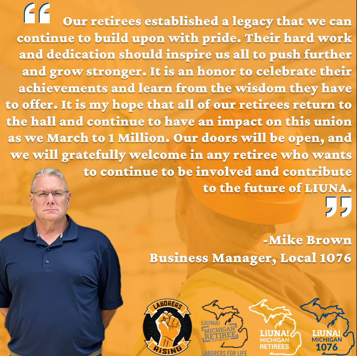 MiLaborers's tweet photo. We are back for Day 4 of #LaborersForLife Tribute! Today we are celebrating retirees from Laborers Local 1076. To kick off the day, Business Manager, Mike Brown wanted to share his appreciation for the foundation laid by our retirees, and how they can still have a profound impact on LIUNA.
#FeelThePower #LaborersRising
