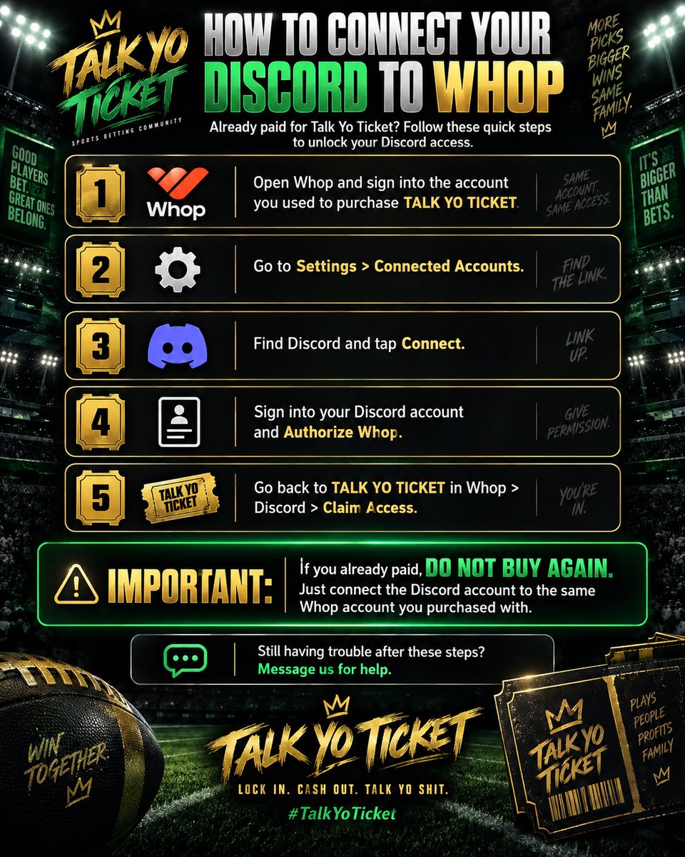 Talk_Yo_Ticket's tweet photo. 📌 ALREADY PAID? DO NOT BUY AGAIN. 🚨

Whop → Settings → Connected Accounts → Discord → Connect → Authorize → return to TYT → Claim Access.

Same Whop account. Same Discord. Same membership.

Still stuck? Message us. 👑

#TalkYoTicket #TYT https://t.co/Csu6tDB2Wc
