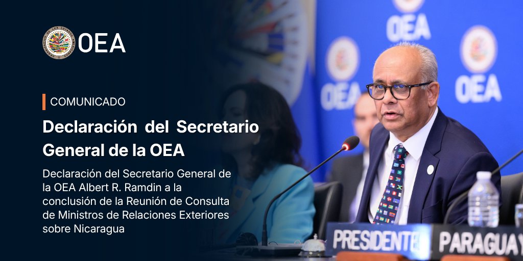 SG_OEA_OAS's tweet photo. Los Estados Miembros de la @OEA_oficial han acordado un camino concreto para impulsar el diálogo diplomático y apoyar los derechos democráticos del pueblo de #Nicaragua. 
La resolución adoptada hoy establece medidas verificables, plazos claros y un mecanismo de seguimiento para avanzar hacia soluciones pacíficas y condiciones que permitan a los nicaragüenses decidir libremente su futuro mediante instituciones democráticas y elecciones libres, justas e inclusivas.
https://t.co/Qzfs35siRx