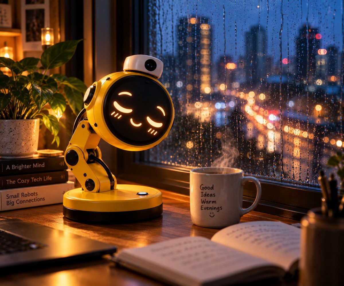 lelamprobot's tweet photo. Rainy evenings feel warmer with something glowing next to you. 🌧️💛 #LeLamp #Robotics #CozyTech https://t.co/aE1Vcpo6x3