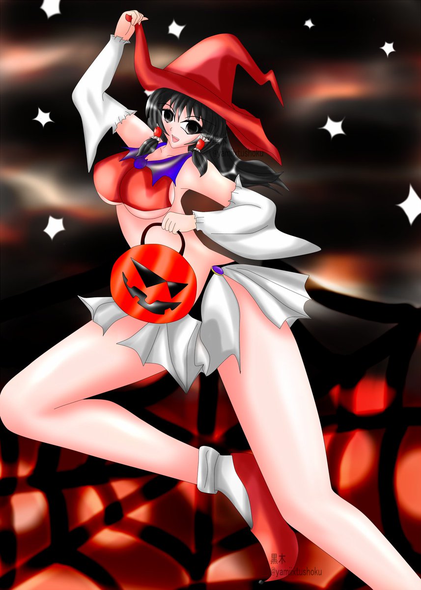 yamiixtushoku's tweet photo. （東方）の博麗霊夢と魔女っ娘の融合！
しかも、布面積多め！

│・ω・｀）・・遠慮なく怖がって下さい・・

#突然ハロウィン絵をあげてフォロワーを怖がらせよう
#絵描きさんと繋がりたい https://t.co/zYqsmLInPV