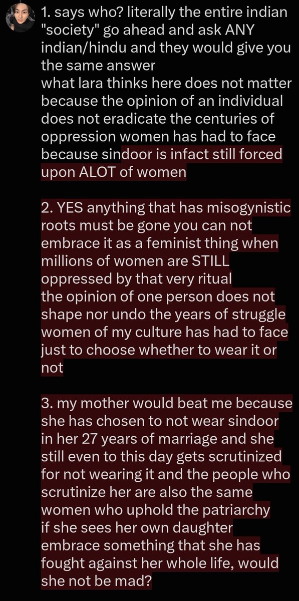 aenergzy's tweet photo. she can wear sindoor as an unmarried woman for the aesthetics of it all if she wants however you lot can not try to label it as a feminist thing because sindoor's entire existence is not and it will never be https://t.co/Gcyrm0nFaH