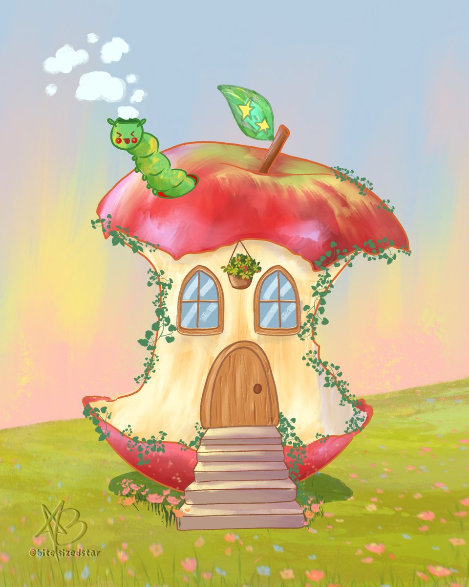 bitesizedstar's tweet photo. day 2/31 chimney ☁️✨ 
drew a cozy apple core house with the worm as a chimney!! how fun!! https://t.co/6Av6xtemha