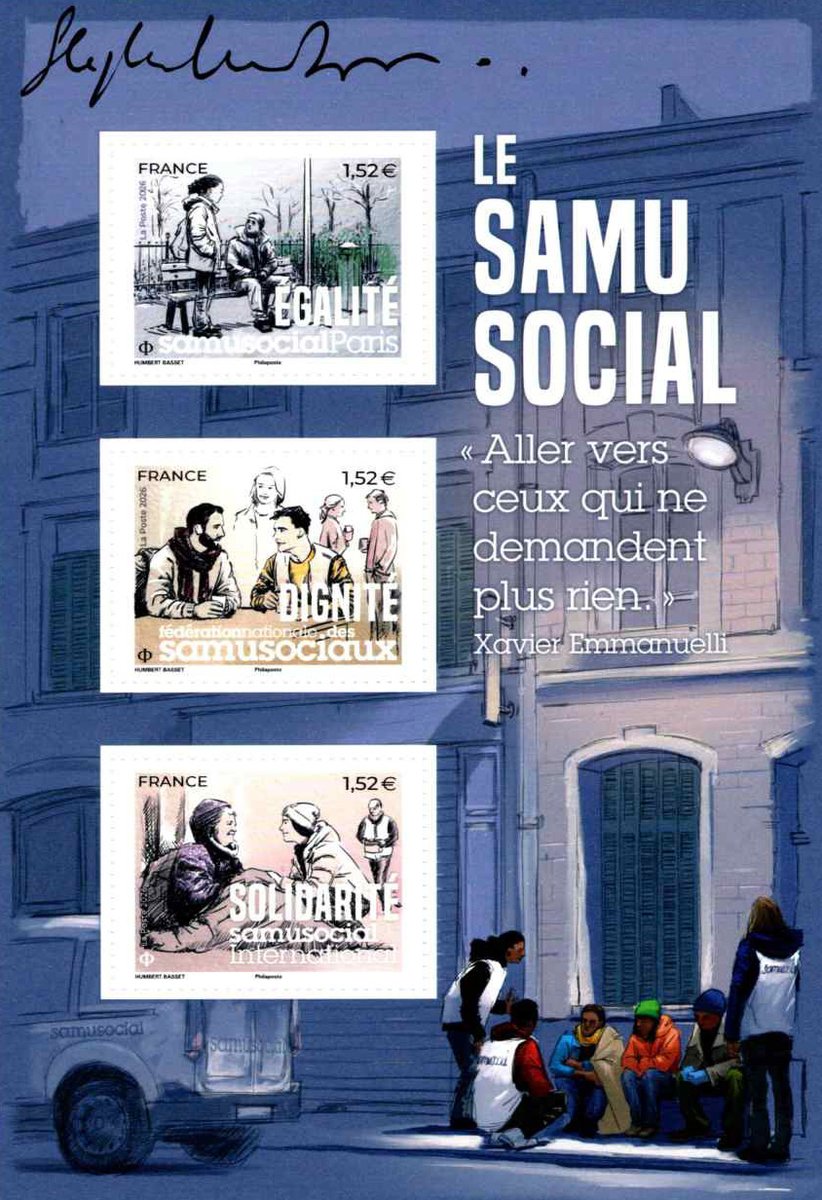 Weneedyourbrain's tweet photo. Premier jour, Paris. La Poste émet trois timbres pour le Samu Social, illustrés par Stéphane Humbert-Basset : Égalité, Dignité, Solidarité. Une intuition de Xavier Emmanuelli, 1993 : aller vers ceux qui ne demandent plus rien. #SamuSocial https://t.co/W35PtENuEU