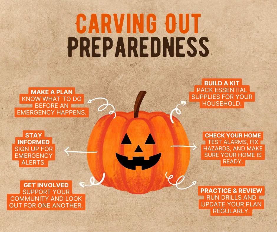 SanPatCountyOEM's tweet photo. 🍂🎃 CARVE OUT TIME FOR PREPAREDNESS THIS FALL! 🎃🍂

Take a few minutes this fall to make sure you and your family are ready for whatever comes your way! 🏡🔦📋

A little preparation now can make a big difference later. 🧡

#CarvingOutPreparedness #FallPreparedness https://t.co/6XeV5PfIET
