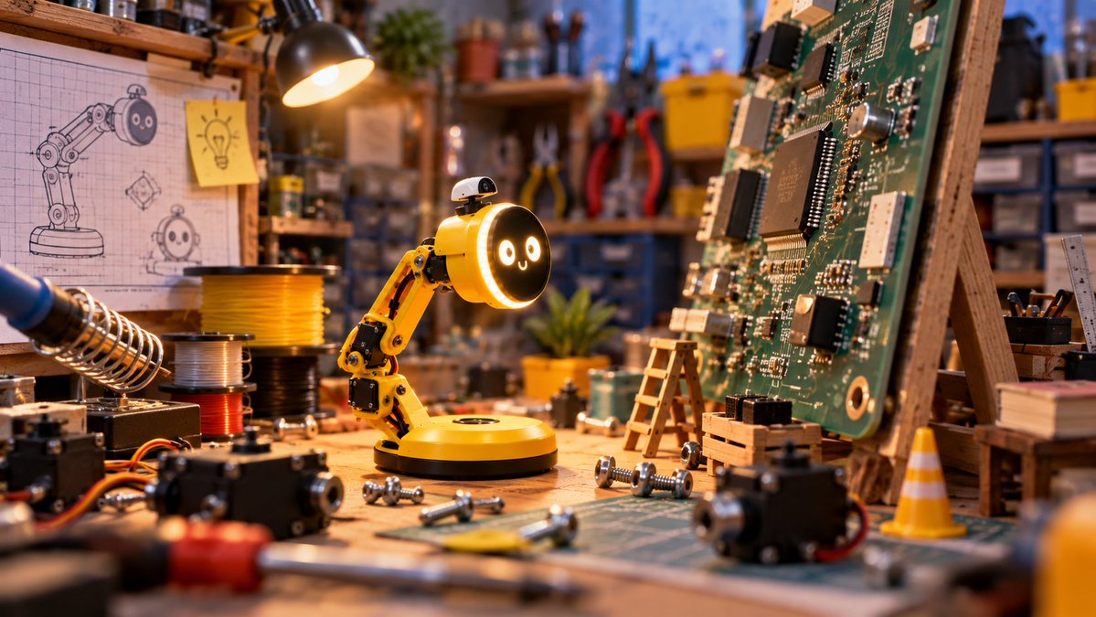 lelamprobot's tweet photo. Born in a workshop, surrounded by parts that became a personality. 🔧 #LeLamp #BuildInPublic #Hardware https://t.co/nIxjOoi52f