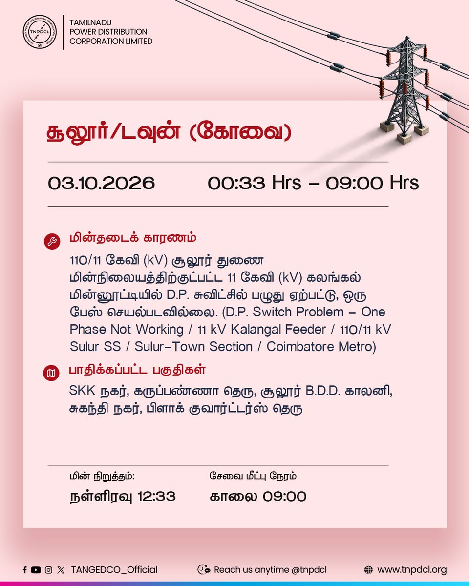 TANGEDCO_Offcl's tweet photo. கோயம்புத்தூர் சூலூர் பகுதியில் உள்ள 110/11 கி.வோ. சூலூர் துணை மின் நிலையத்திற்குட்பட்ட 11 கி.வோ. கலங்கல் மின்னூட்டியில் அமைந்துள்ள மின்மாற்றி மின் பகிர்மானப் பெட்டியின் (டி.பி. சுவிட்ச்) ஒரு பேஸ் பழுதடைந்து செயல்படாததால் மின் விநியோகம் தடைப்பட்டுள்ளது. இதனால் எஸ்.கே.கே. நகர், கருப்பண்ணா தெரு, சூலூர் பி.டி.டி. காலனி, சுகந்தி நகர் மற்றும் பிளாக் குவார்ட்டர்ஸ் தெரு ஆகிய பகுதிகளில் மின்தடை ஏற்பட்டுள்ளது. பழுதைச் சீரமைக்கும் பணிகள் நடைபெற்று வருகின்றன.